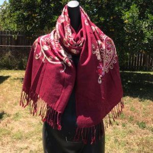 Burgundy Embroidered Scarves Sequined Hijab 26 x 70 Shawl Shoulder Wrap